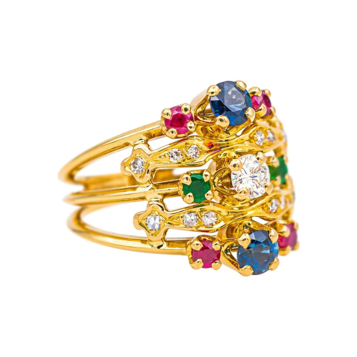 Bague Cocktail en or jaune, saphir, rubis, émeraudes et diamants - Image 6