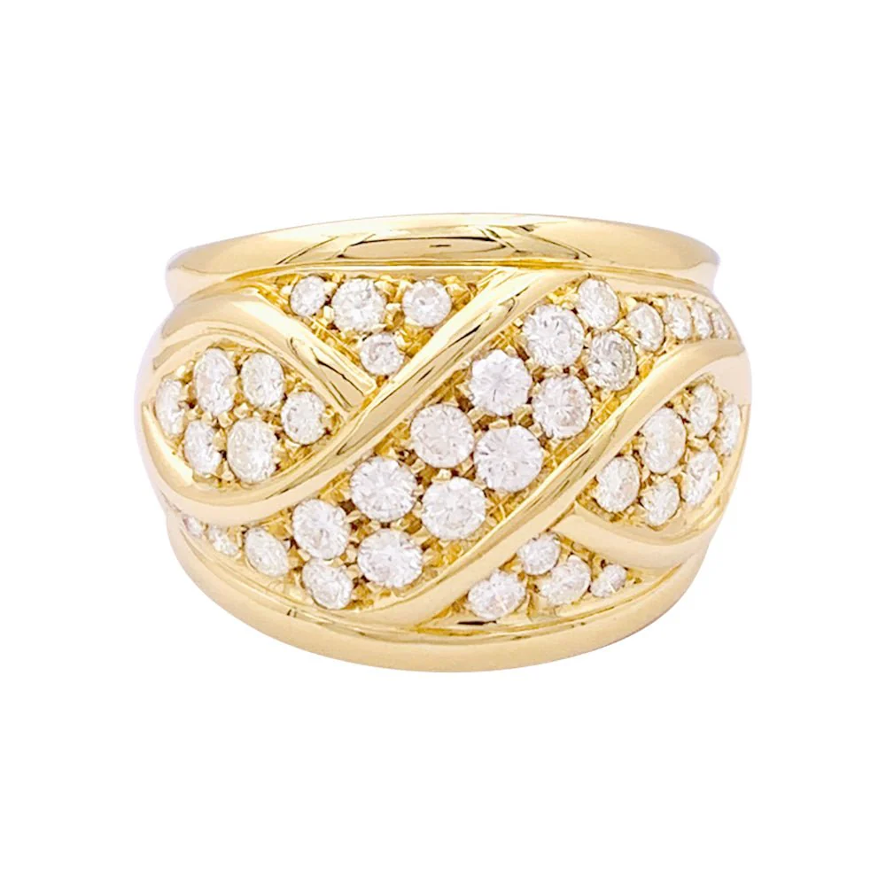 Bague bandeau pavage or jaune, diamants.