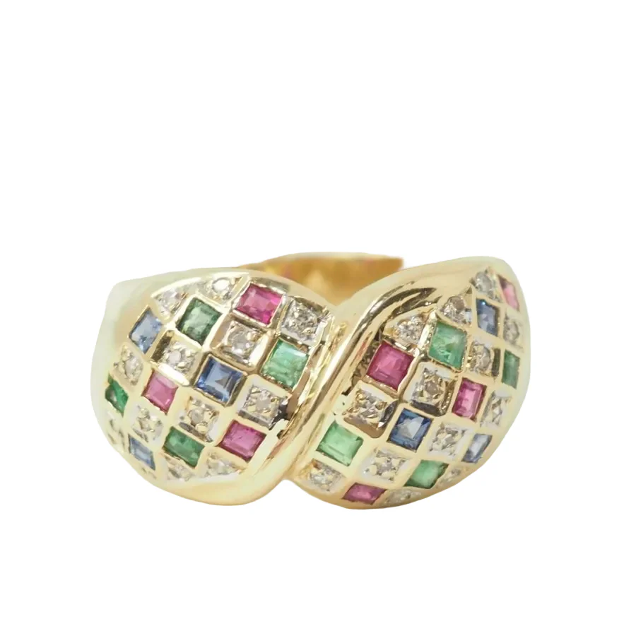 Bague Solitaire en or jaune, émeraudes, saphirs, rubis et diamants