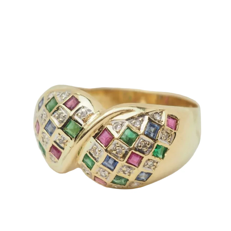 Bague Solitaire en or jaune, émeraudes, saphirs, rubis et diamants - Image 3