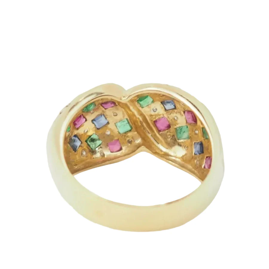 Bague Solitaire en or jaune, émeraudes, saphirs, rubis et diamants - Image 4