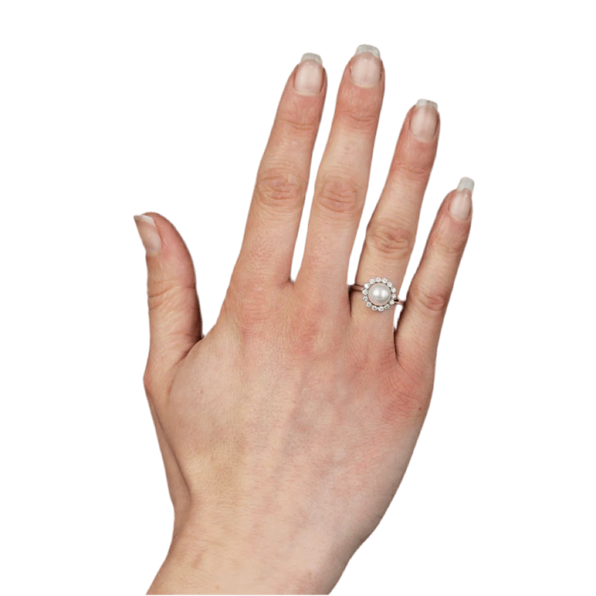 Bague Entourage en or blanc, perle et diamants - Image 2