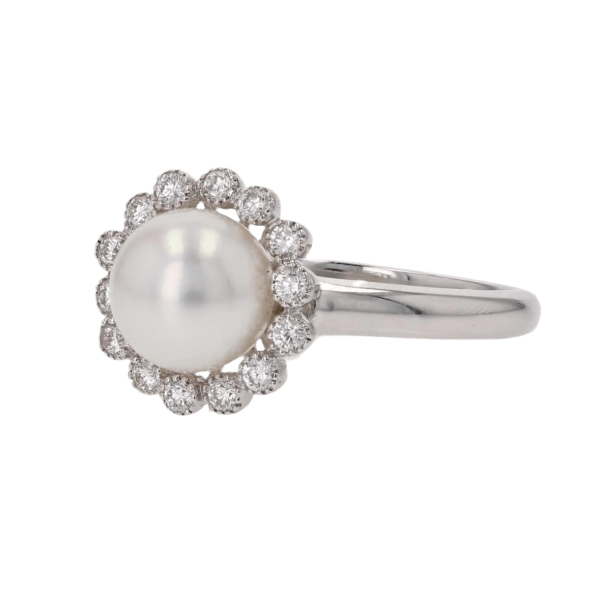 Bague Entourage en or blanc, perle et diamants - Image 3