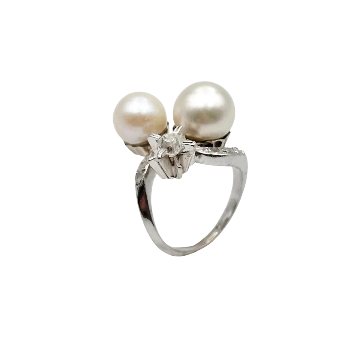 Bague Toi & Moi en or blanc, perles de culture et diamants - Image 6