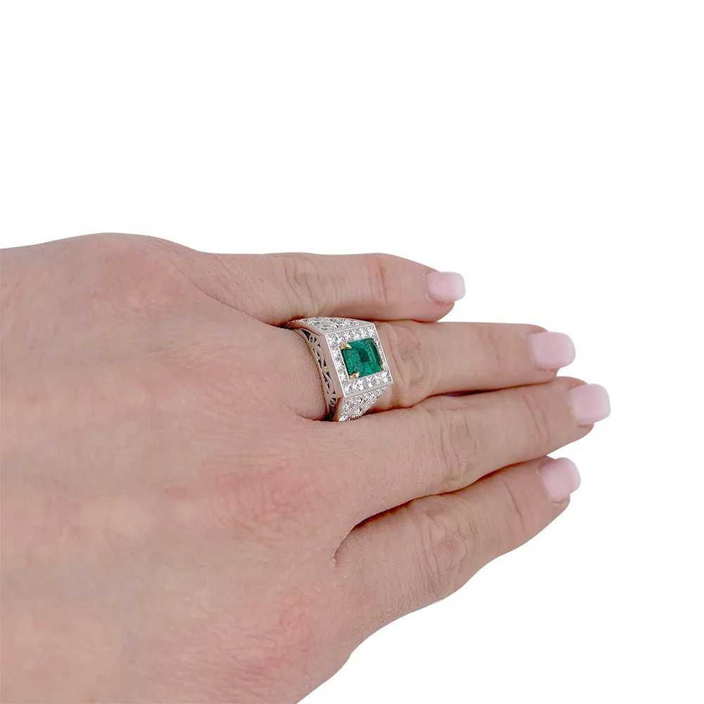 Bague, platine, or jaune, émeraude et diamant - Image 3
