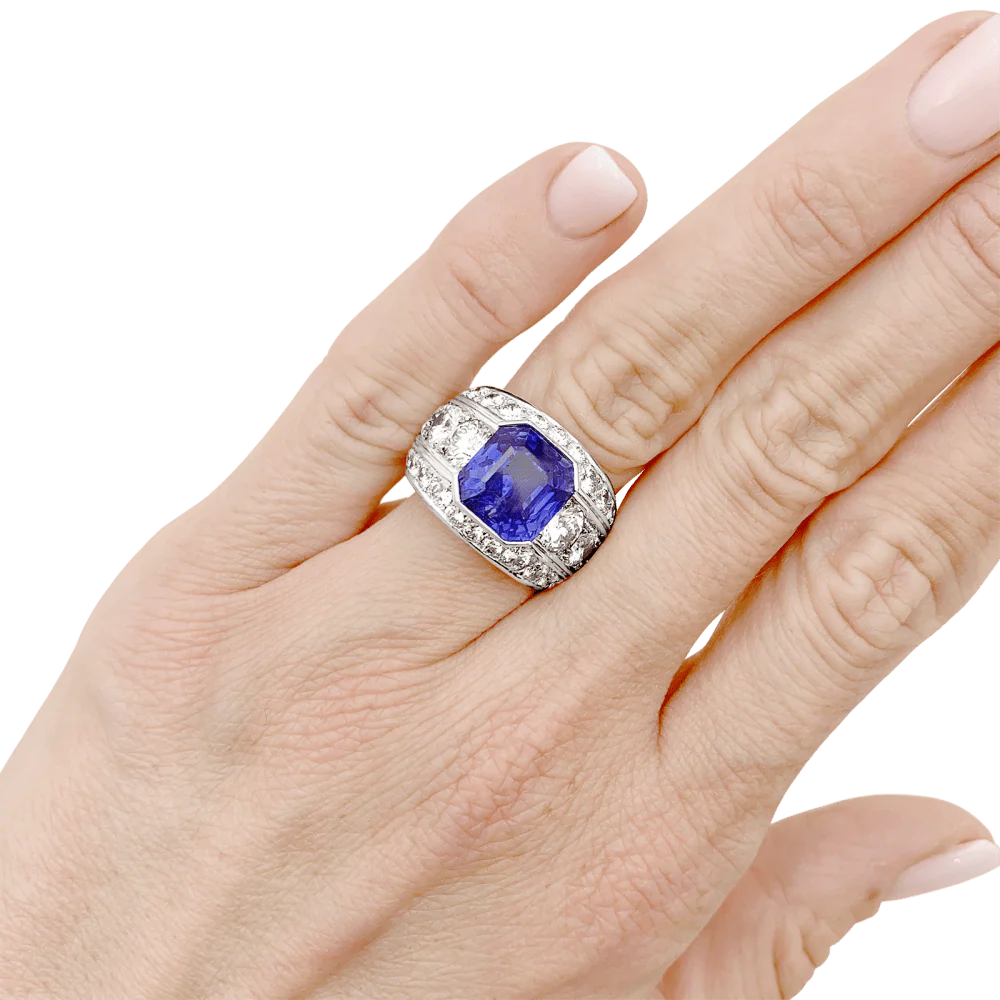 Bague Bandeau en platine, saphir et diamants - Image 2