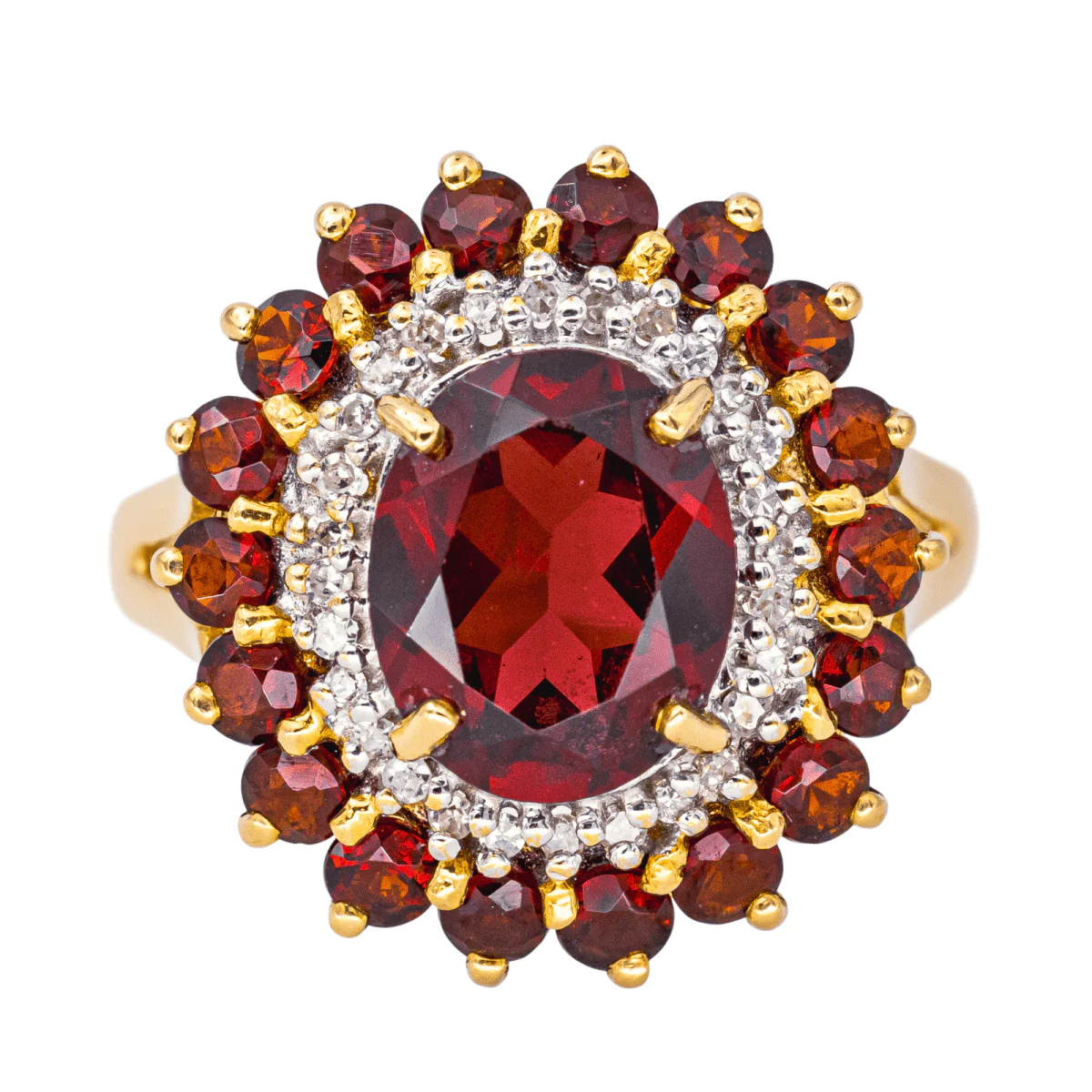 Bague Pompadour en or jaune, grenats et diamants
