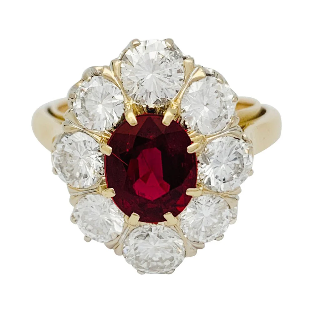 Bague pompadour rubis, diamants, or jaune