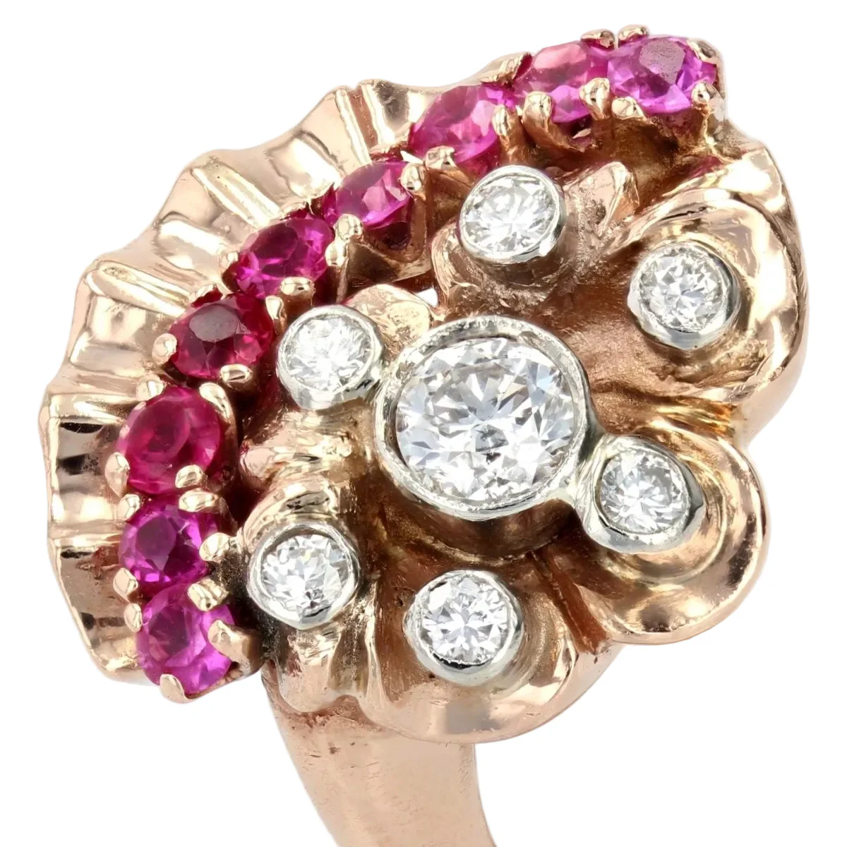Bague Marguerite en or rose, rubis et diamants - Image 7