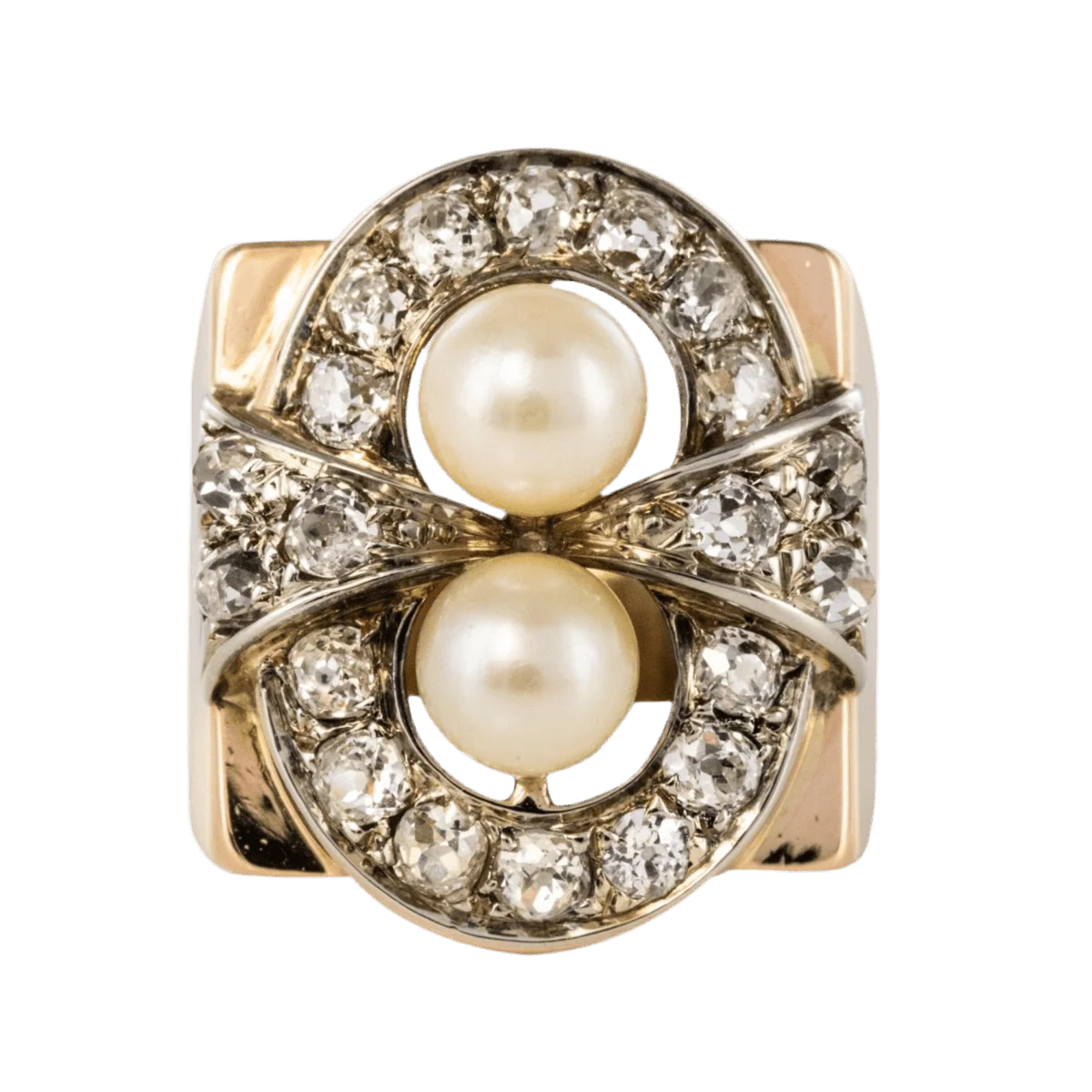 Bague Tank en or rose, platine, perles et diamants