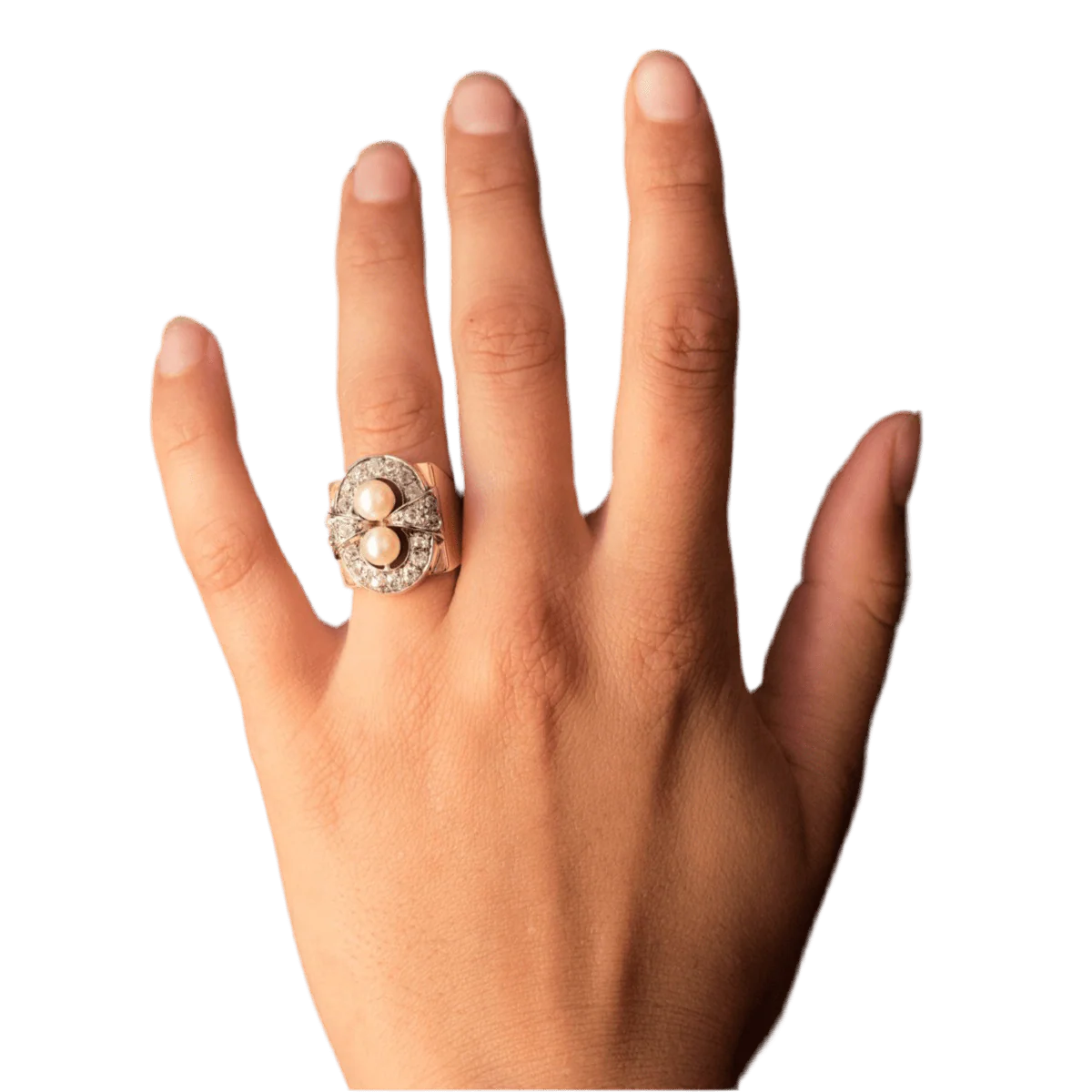 Bague Tank en or rose, platine, perles et diamants - Image 2