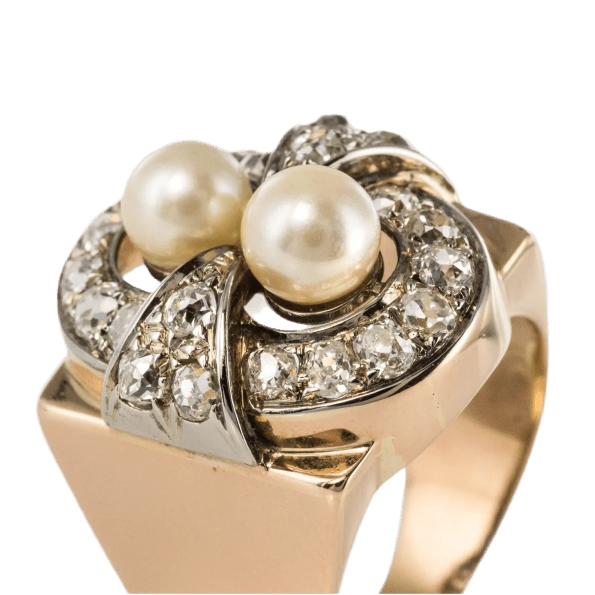 Bague Tank en or rose, platine, perles et diamants - Image 6