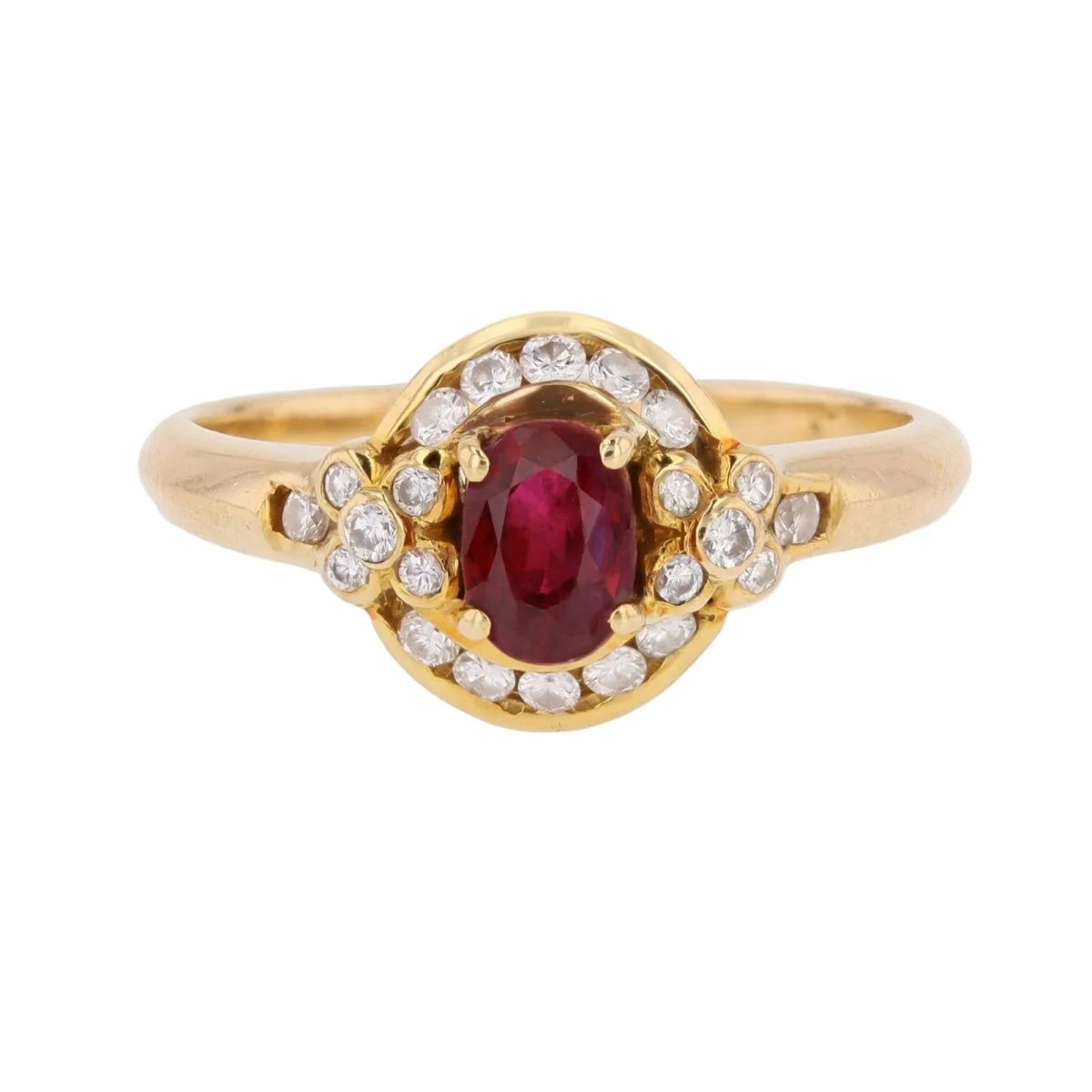 Bague Entourage en or jaune, rubis et diamants