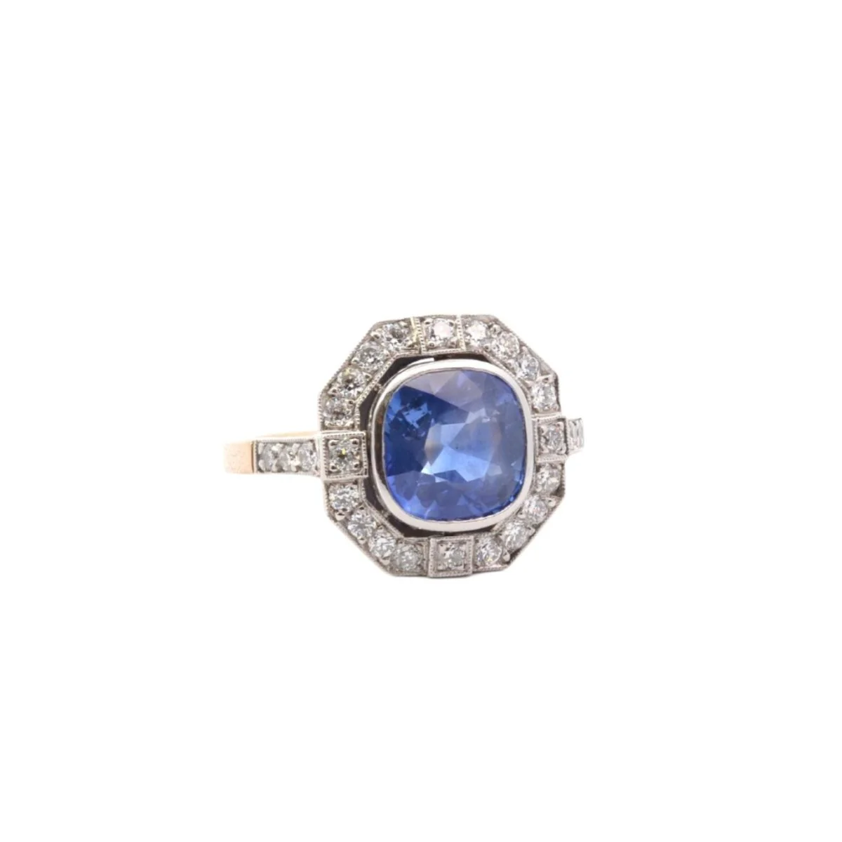 Bague entourage en or jaune, platine, saphir et diamants - Image 5