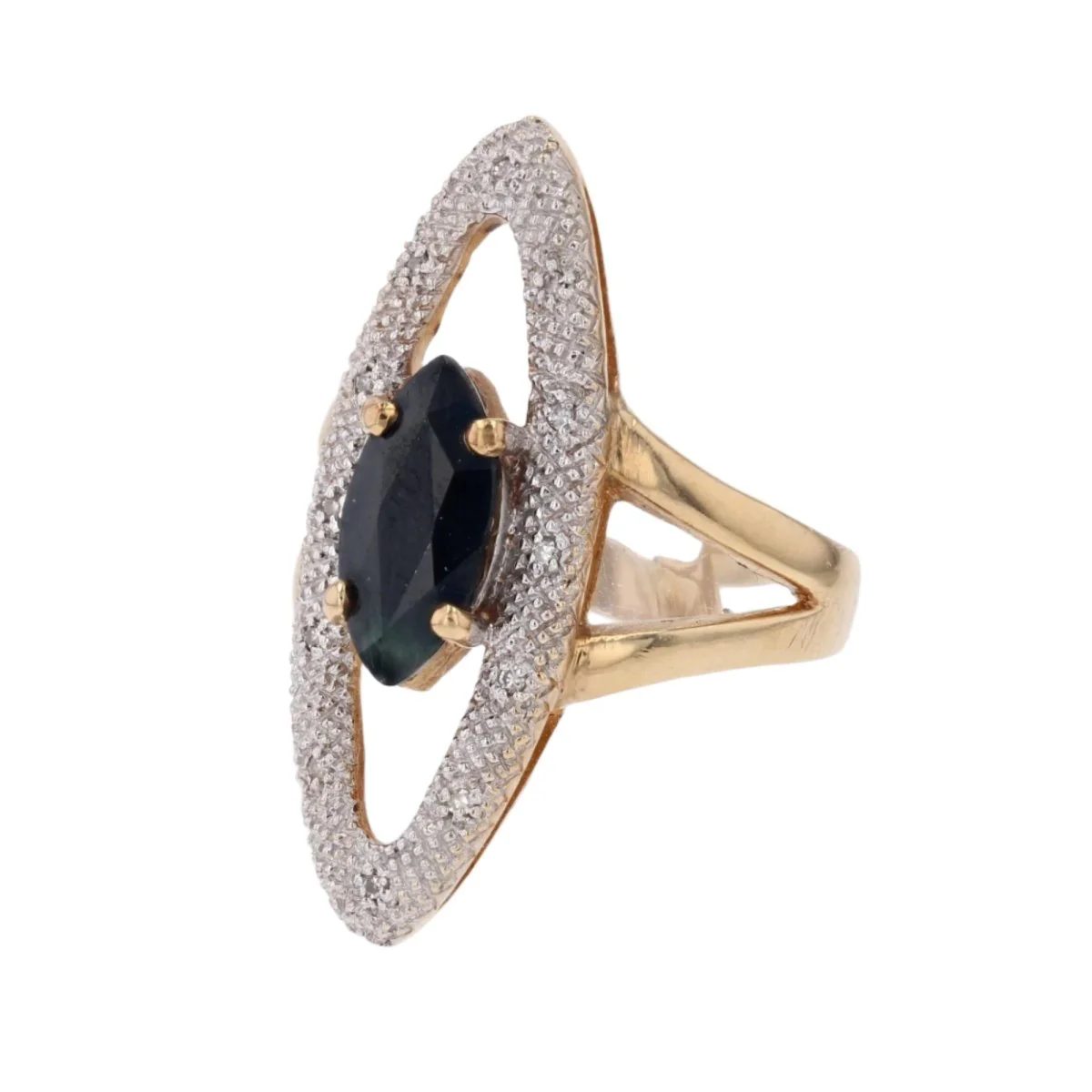 Bague Marquise en or jaune, saphir et diamants - Image 3