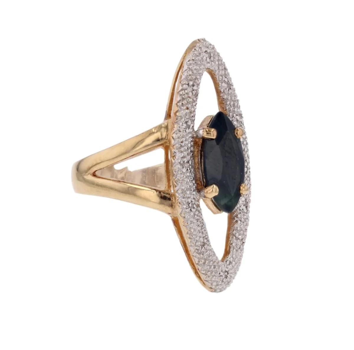 Bague Marquise en or jaune, saphir et diamants - Image 4