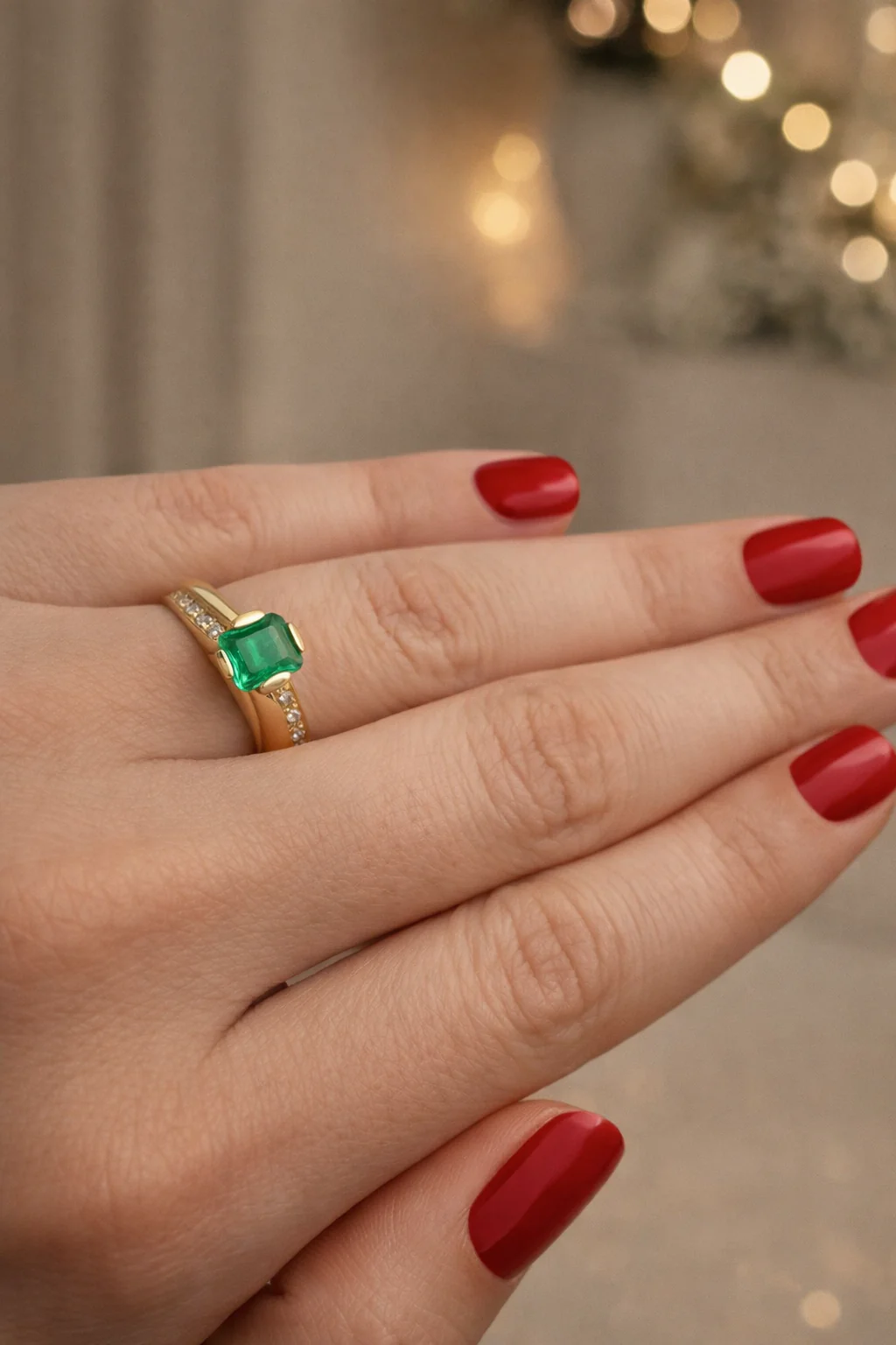 Bague Solitaire en or jaune, émeraude et diamants - Image 2