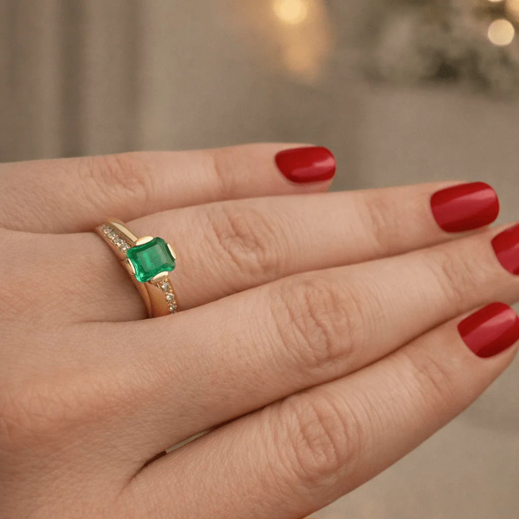 Bague Solitaire en or jaune, émeraude et diamants - Image 8
