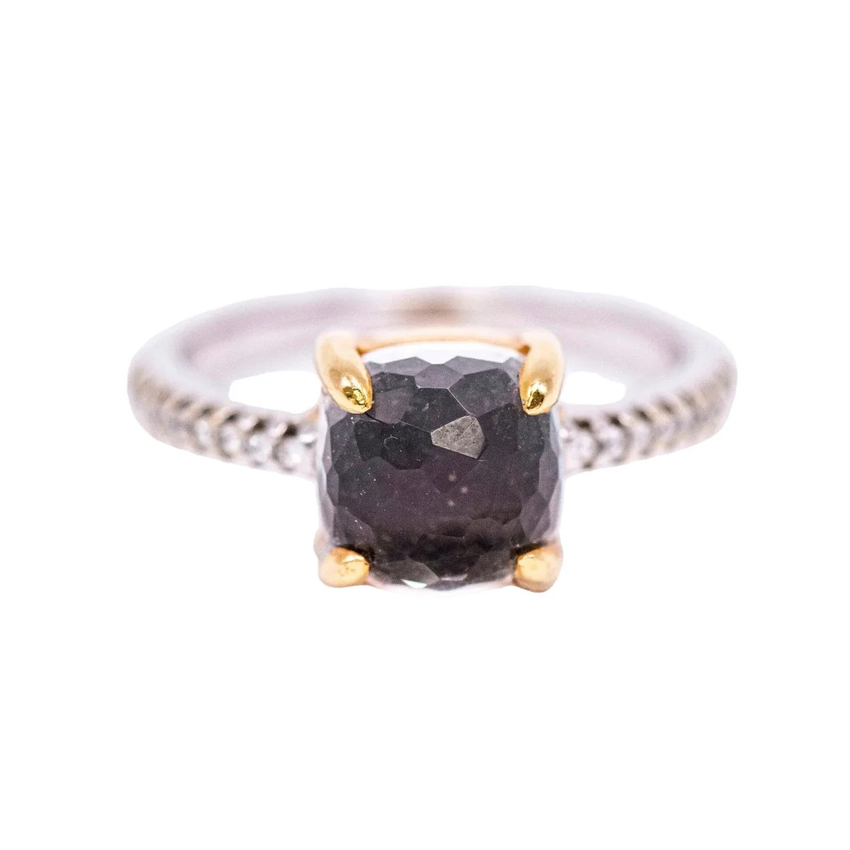 Bague Solitaire en or jaune, quartz, cristal de roche, onyx et diamants