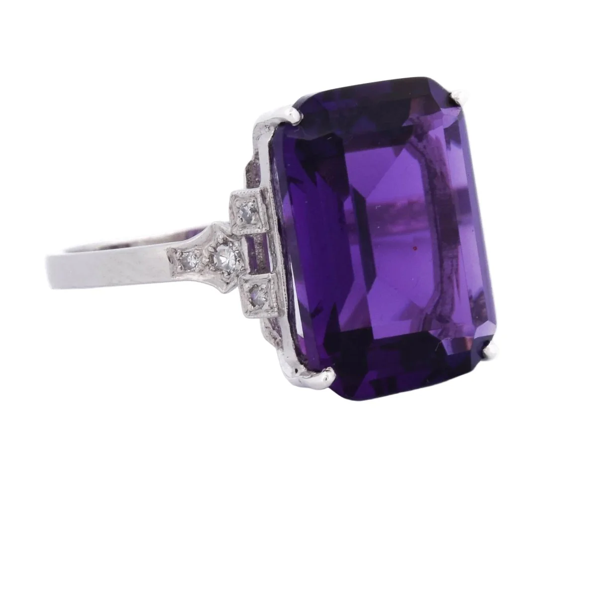 Bague Solitaire en platine, améthyste et diamants - Image 7