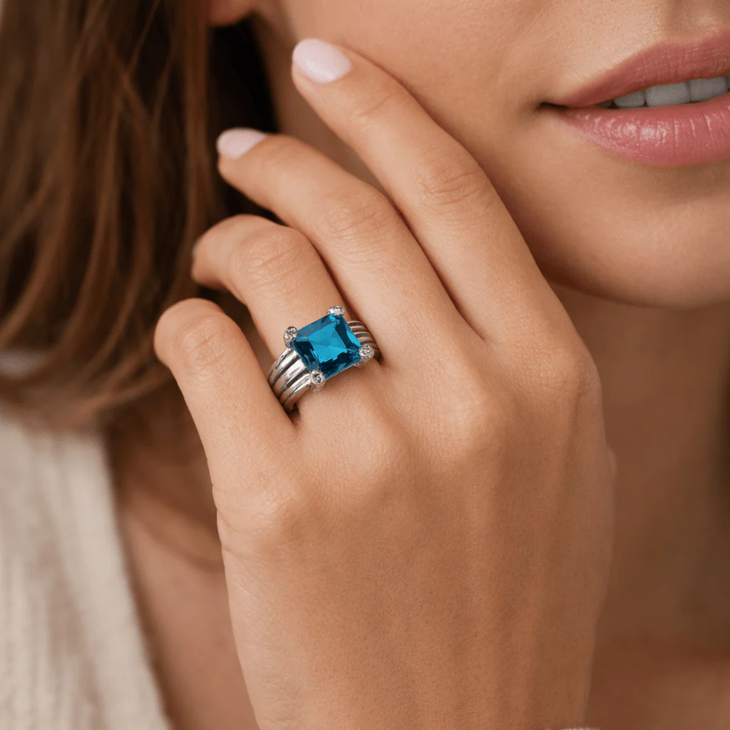 Bague Solitaire en platine et topaze - Image 2