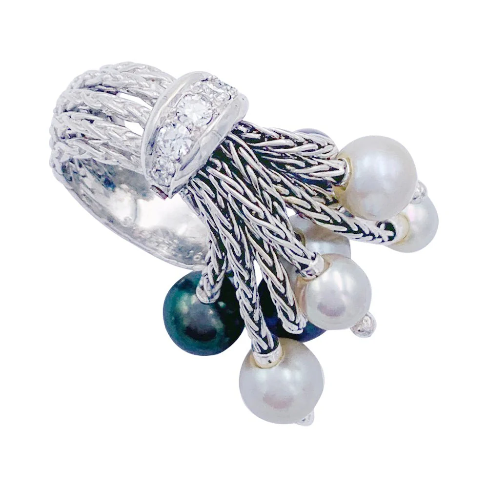 Bague Sterlé, "Draperie", or blanc, platine, diamants et perles - Image 3