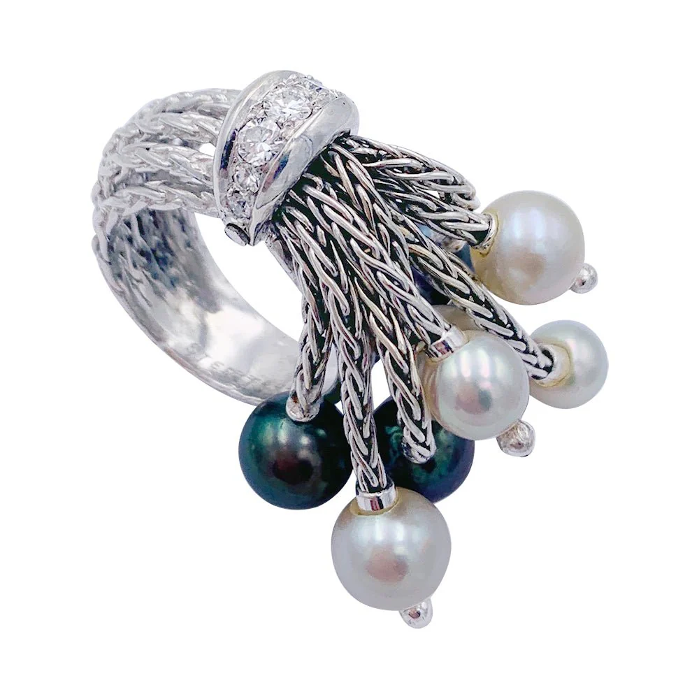 Bague Sterlé, "Draperie", or blanc, platine, diamants et perles - Image 4