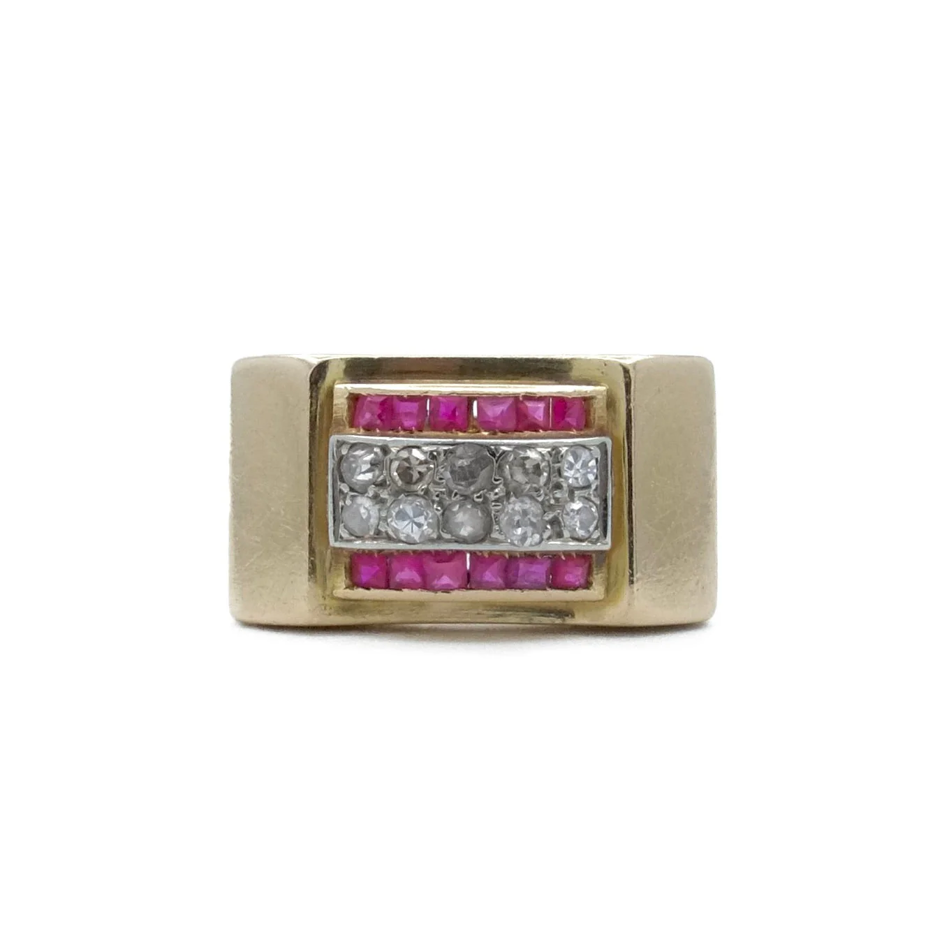 Bague tank arcade en or jaune et or gris avec diamants et rubis