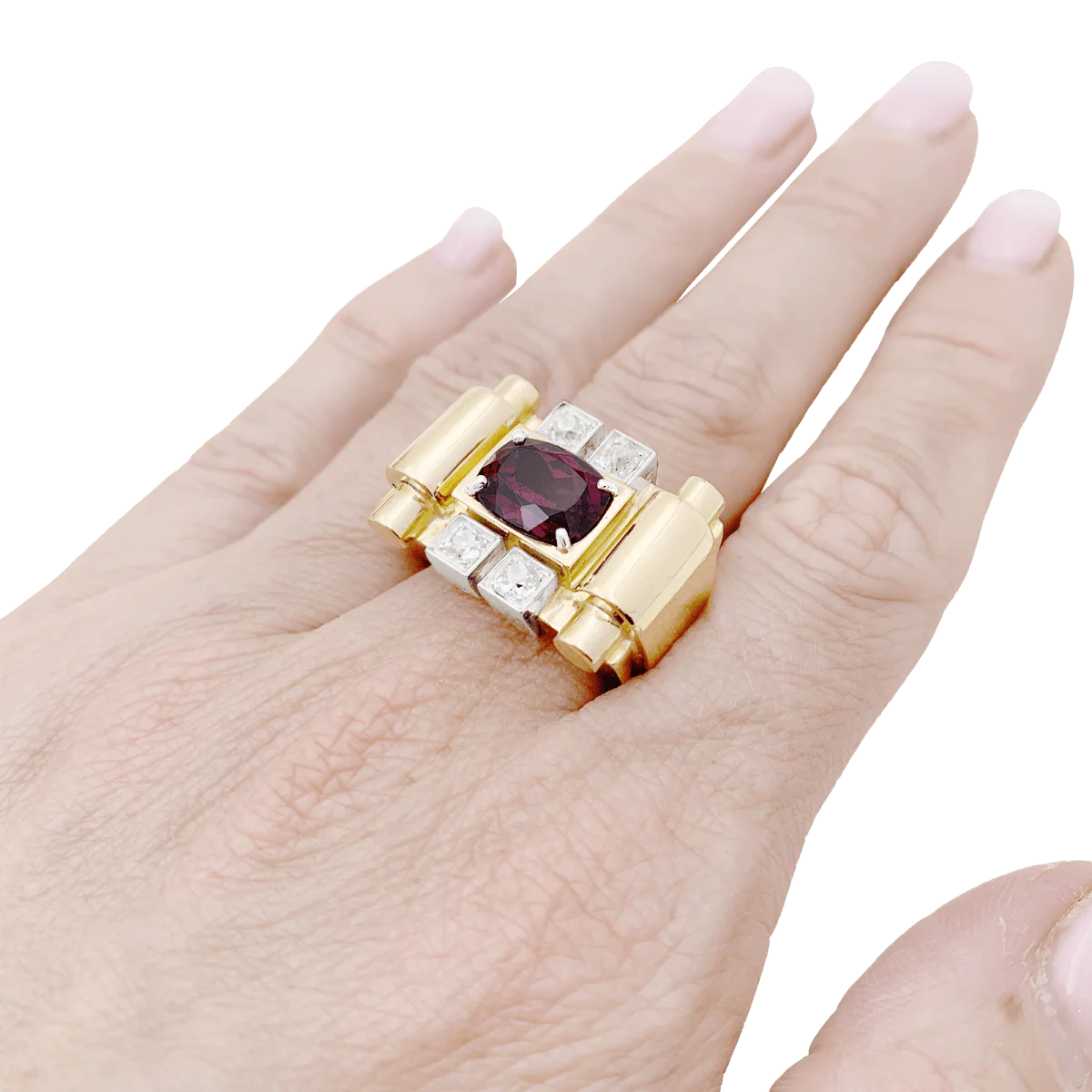 Bague Tank en or blanc, or jaune, grenat et diamants - Image 2