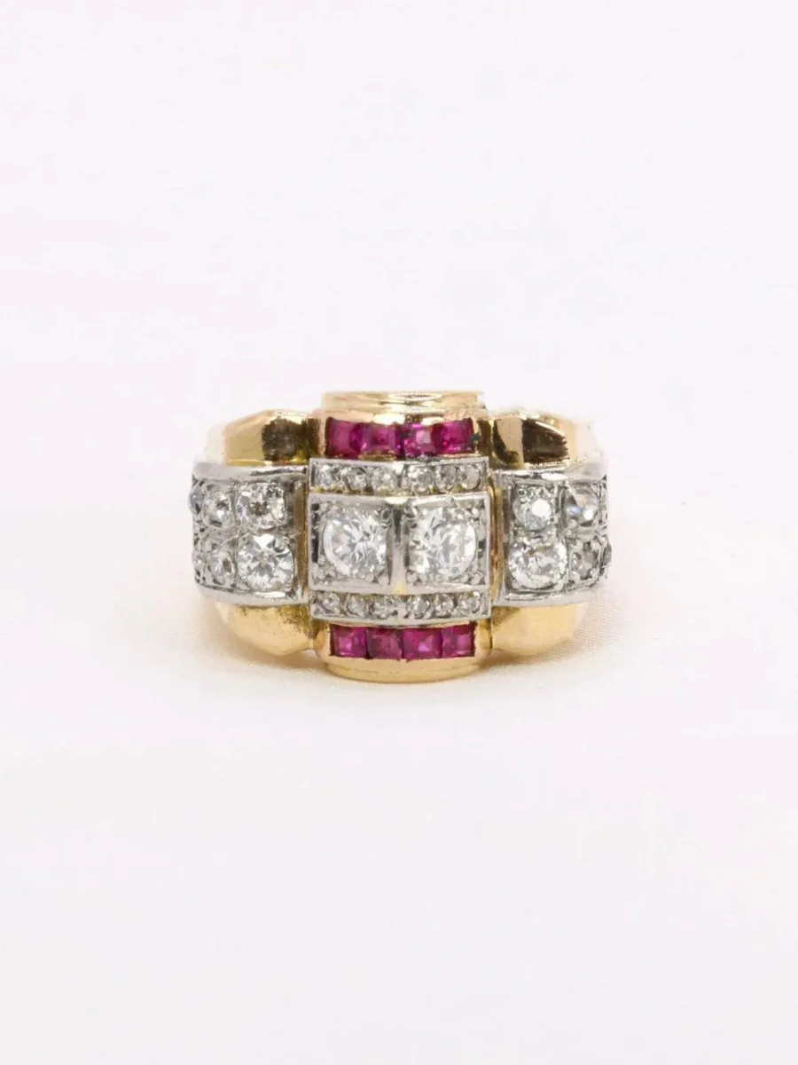 Bague tank diamants rubis calibrés