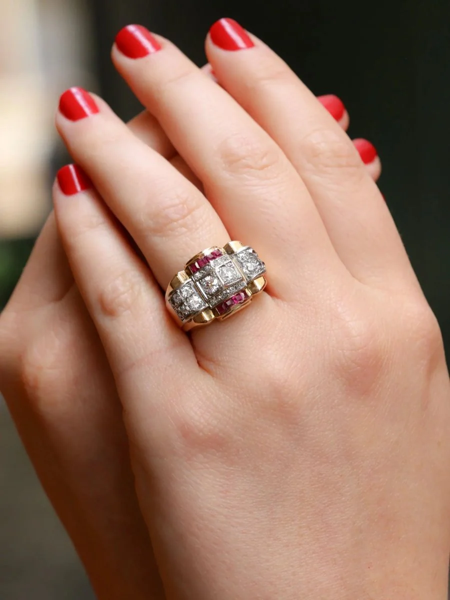 Bague tank diamants rubis calibrés - Image 2