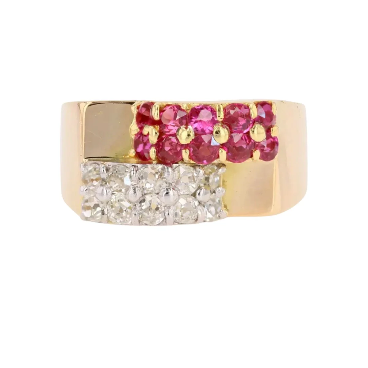 Bague Tank en or jaune, platine, rubis et diamants