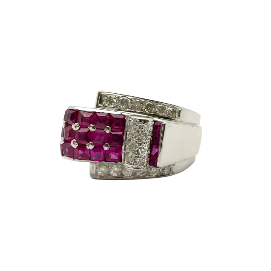 Bague Tank en or blanc, rubis et diamants