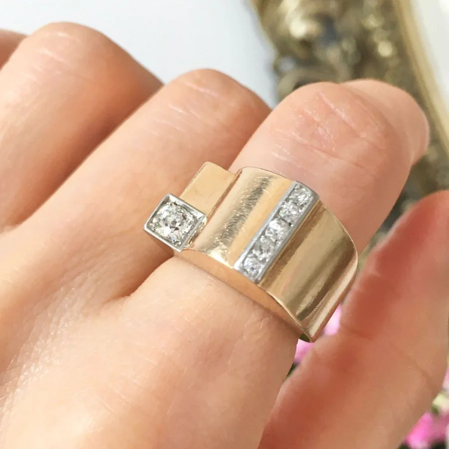 Bague Tank en or jaune, platine et diamants - Image 2