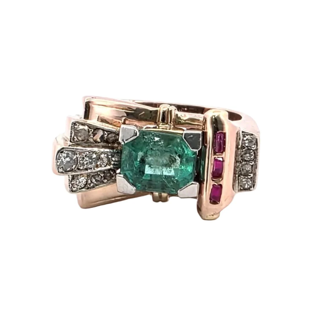 Bague Tank en or jaune, émeraude, rubis et diamants
