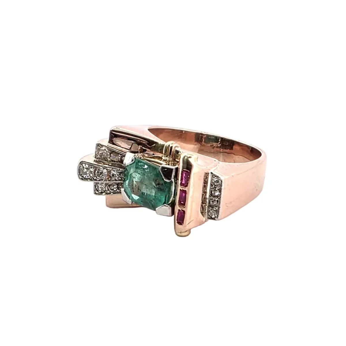 Bague Tank en or jaune, émeraude, rubis et diamants - Image 3