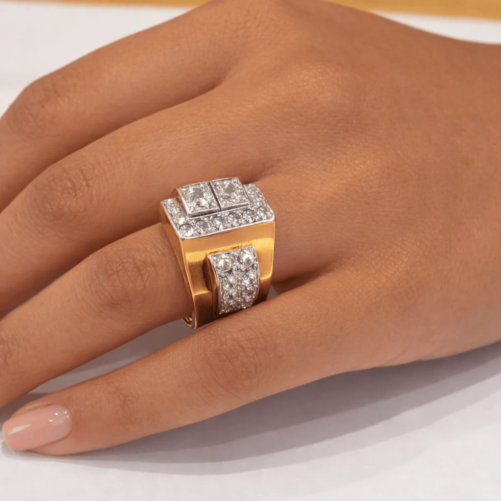 Bague Tank en or jaune, platine et diamants - Image 5