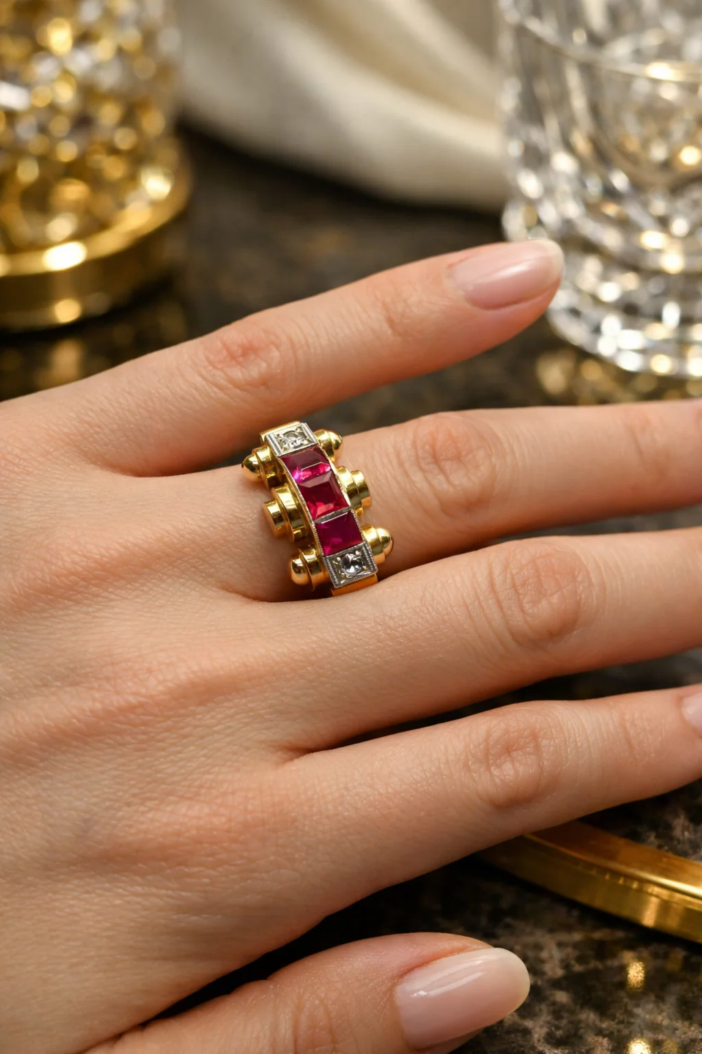 Bague Tank en or jaune, platine, rubis, et diamants - Image 5
