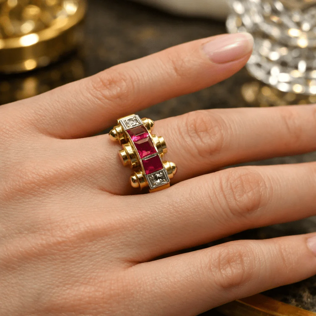 Bague Tank en or jaune, platine, rubis, et diamants - Image 7