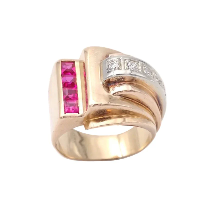 Bague Tank en or jaune, platine, rubis et diamants - Image 4