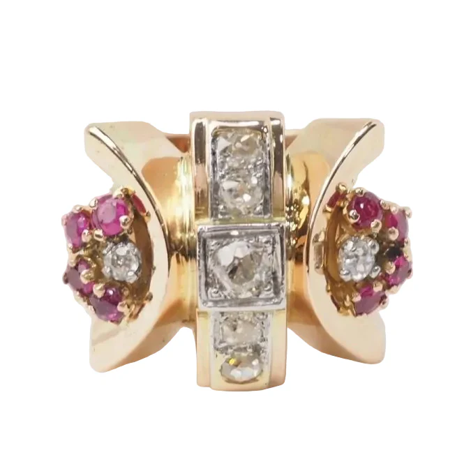 Bague Tank en or jaune, rubis et diamants