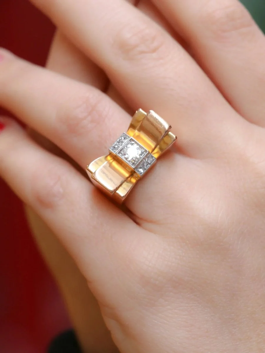 Bague Tank en or jaune, platine et diamant - Image 2