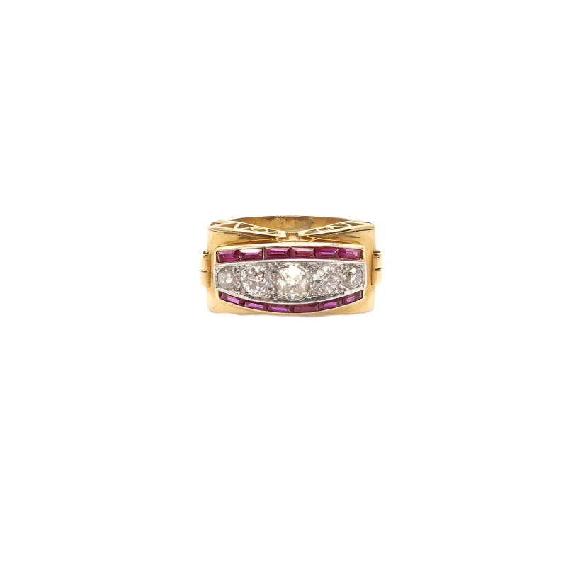 Bague Tank en or jaune, rubis et diamants
