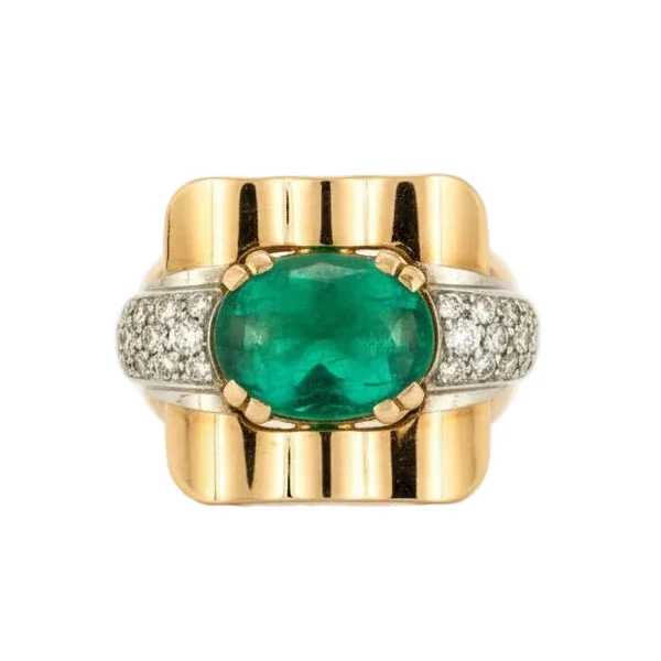 Bague Tank MELLERIO en or jaune, platine, émeraude et diamants