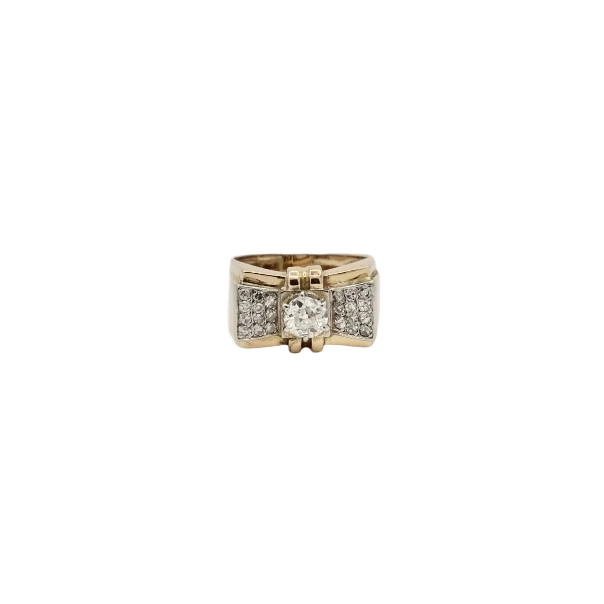 Bague tank noeud en or jaune, or gris et platine avec diamant