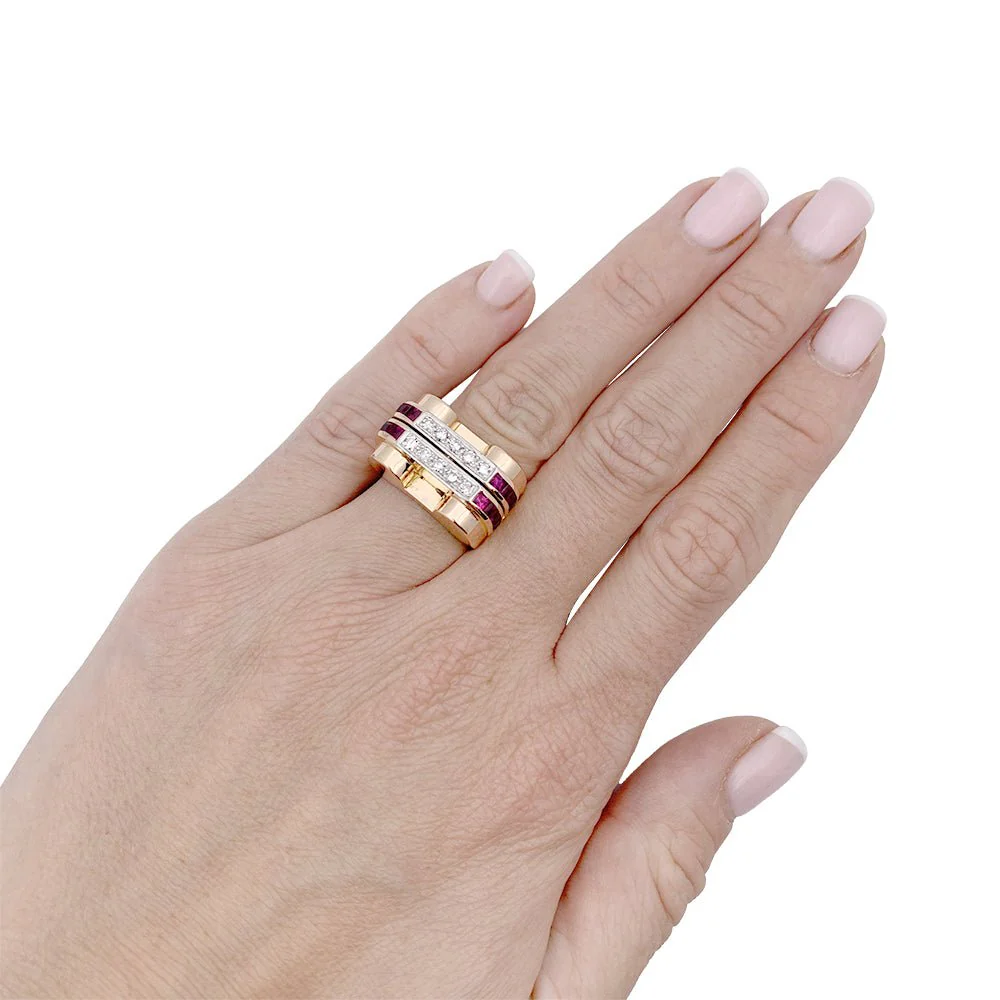 Bague Tank or jaune, platine, rubis et diamants - Image 2