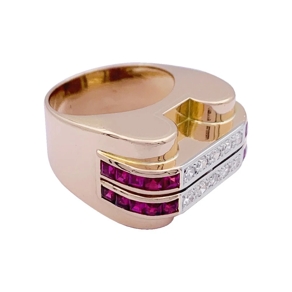 Bague Tank or jaune, platine, rubis et diamants - Image 5