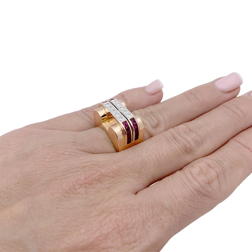 Bague Tank or jaune, platine, rubis et diamants - Image 6