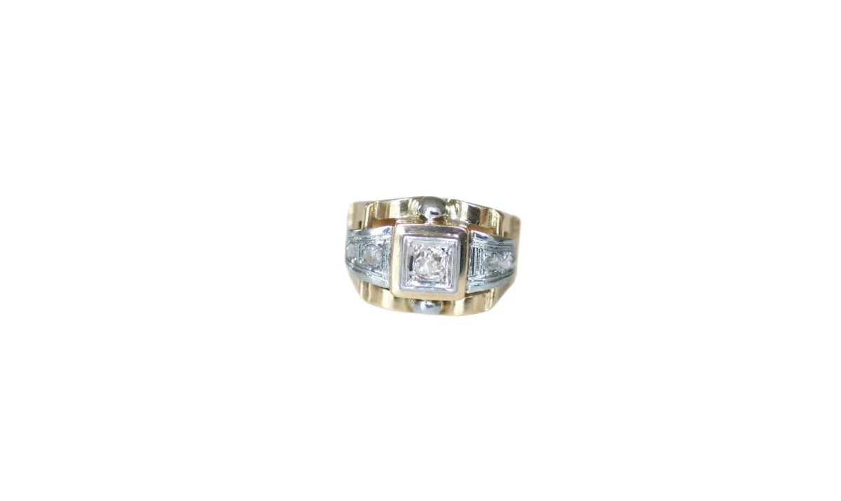 Bague tank en or jaune, platine, et diamants - Image 3