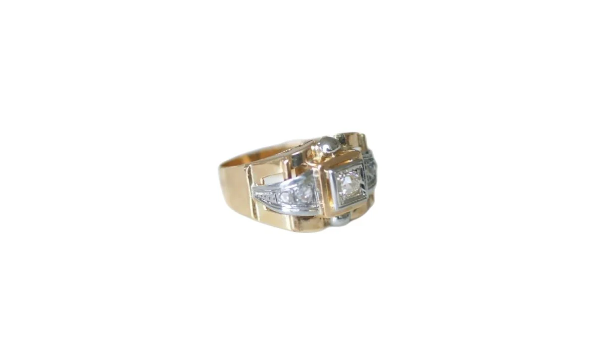 Bague tank en or jaune, platine, et diamants - Image 6